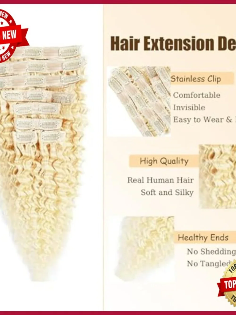 32 Inch Clip-In Human Hair Extensions, Deep Wave Texture, 7 Pieces
